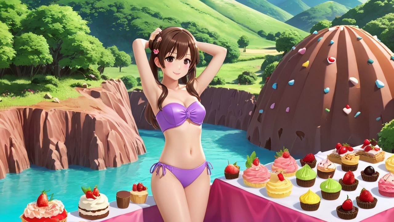 Cheerful Woman by Colorful Dessert Display Near River