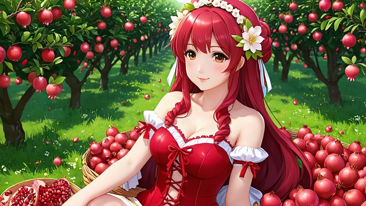 Young woman in red dress among apple trees