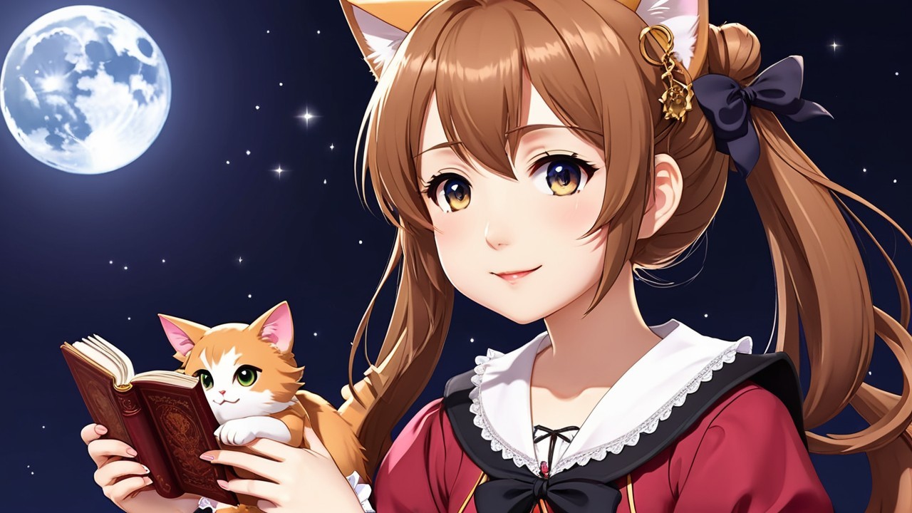 Young girl with cat ears reading under a full moon