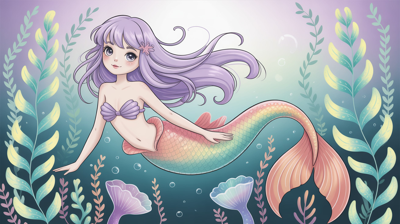 Whimsical Underwater Scene with Anime-Style Mermaid