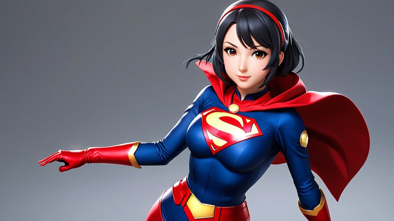 Dynamic Superheroine in Blue Suit with Red Cape