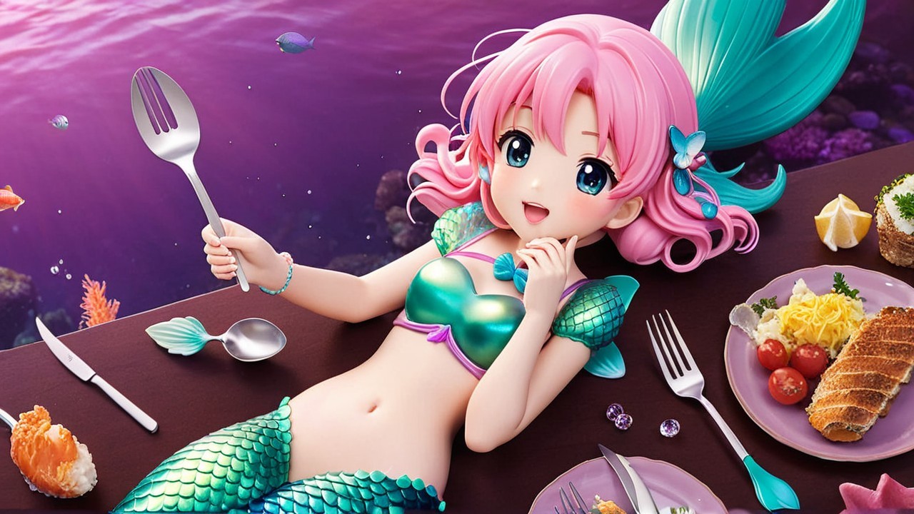 Anime-style mermaid with pink hair and sushi feast