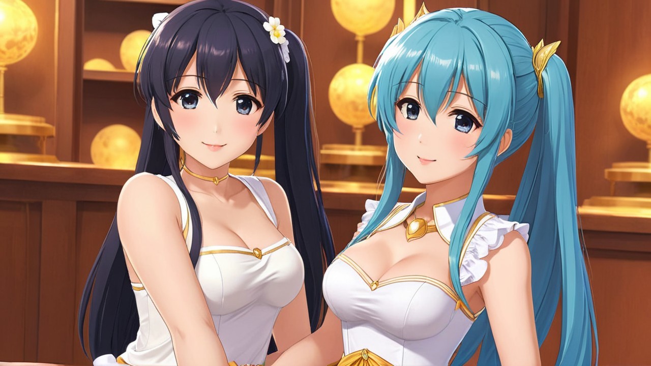 Animated Characters with Colorful Hair in White Outfits