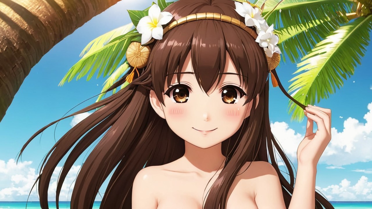 Young girl in tropical setting with floral headpiece