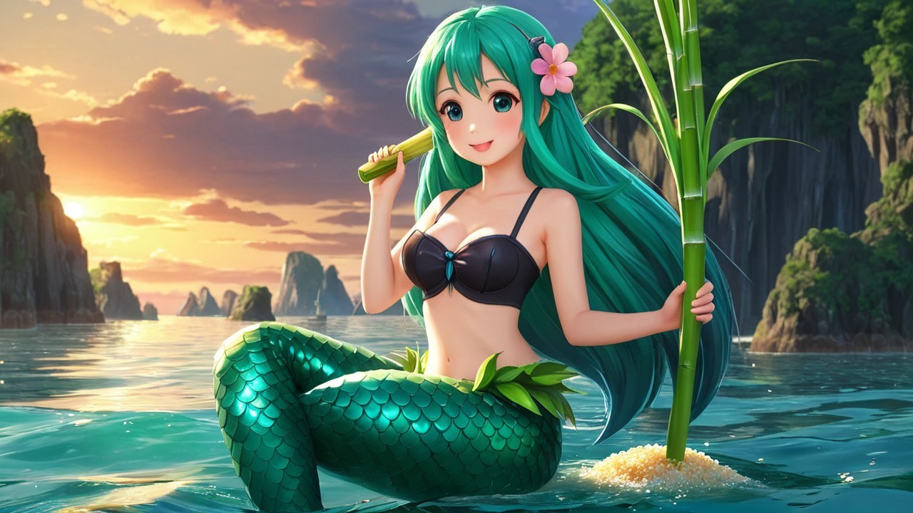 Vibrant Mermaid in Tranquil Water at Sunset