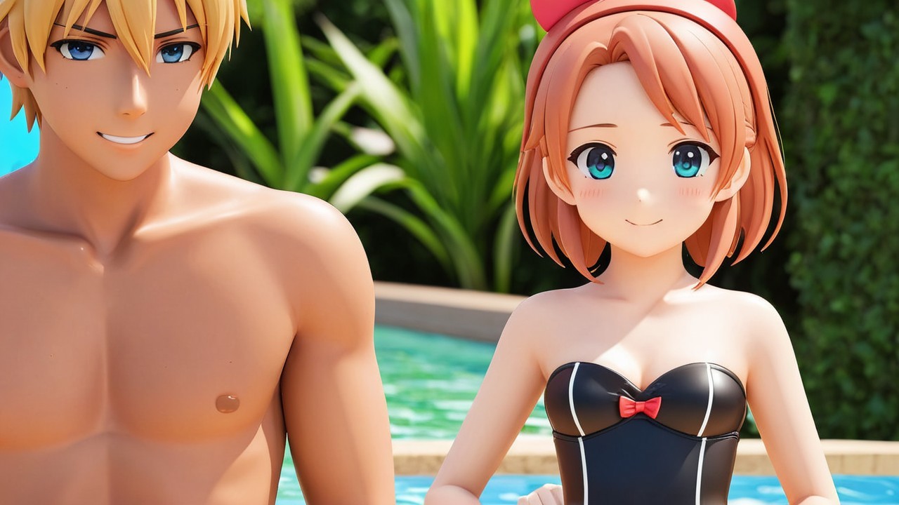 Anime Characters by Swimming Pool on a Sunny Day