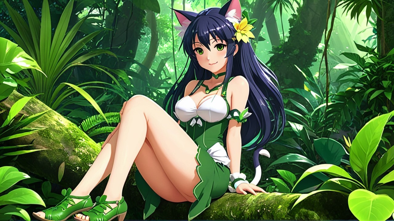 Young woman with cat features in a jungle setting