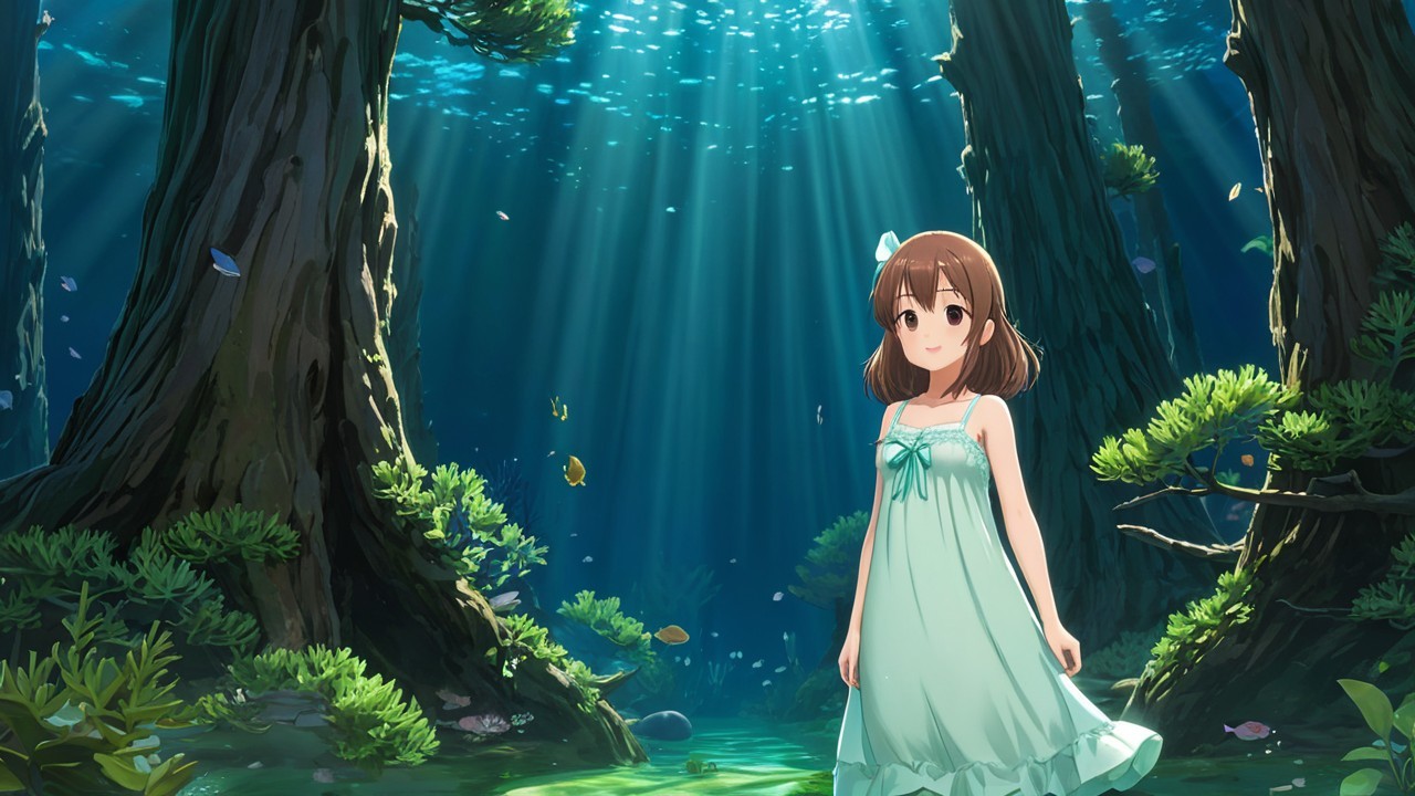 Underwater Scene with Young Girl in Mint Green Dress