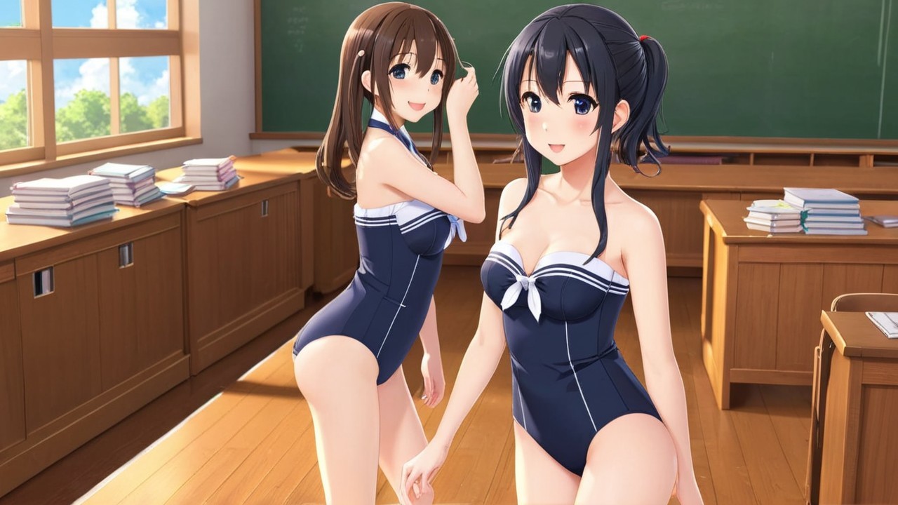 Cheerful Anime Girls in Bright Classroom Setting