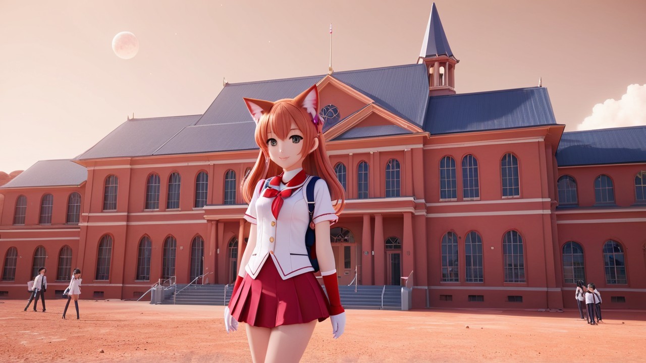 Anime Character with Cat Ears by School Building