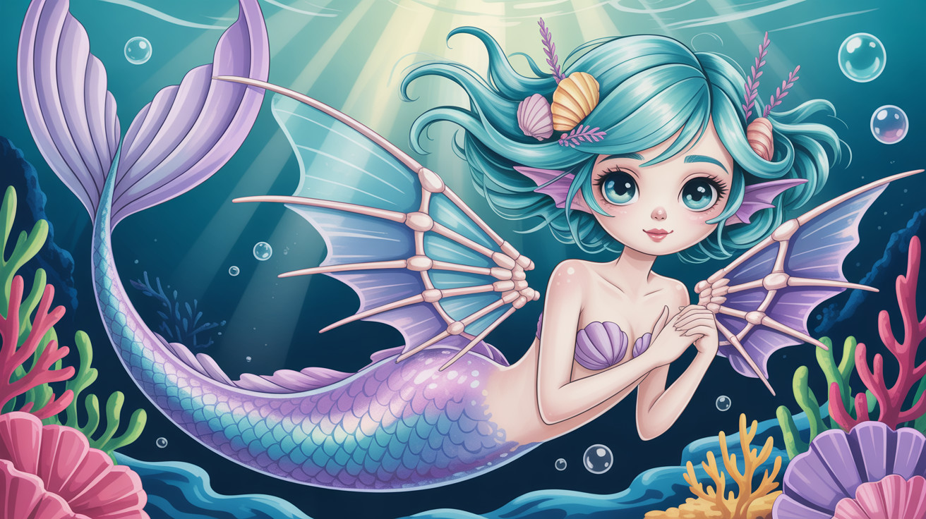 Cartoon Mermaid with Blue Hair and Ethereal Wings