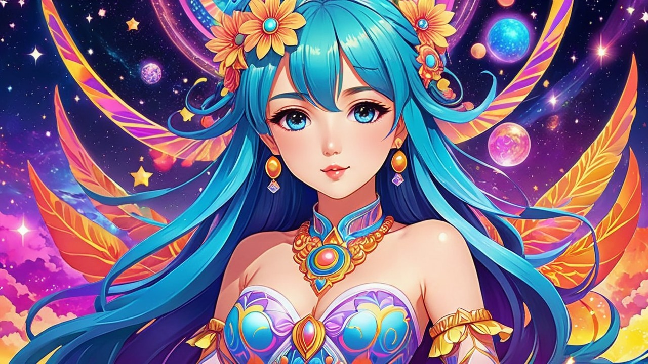 Fantasy Character with Teal Hair and Cosmic Background