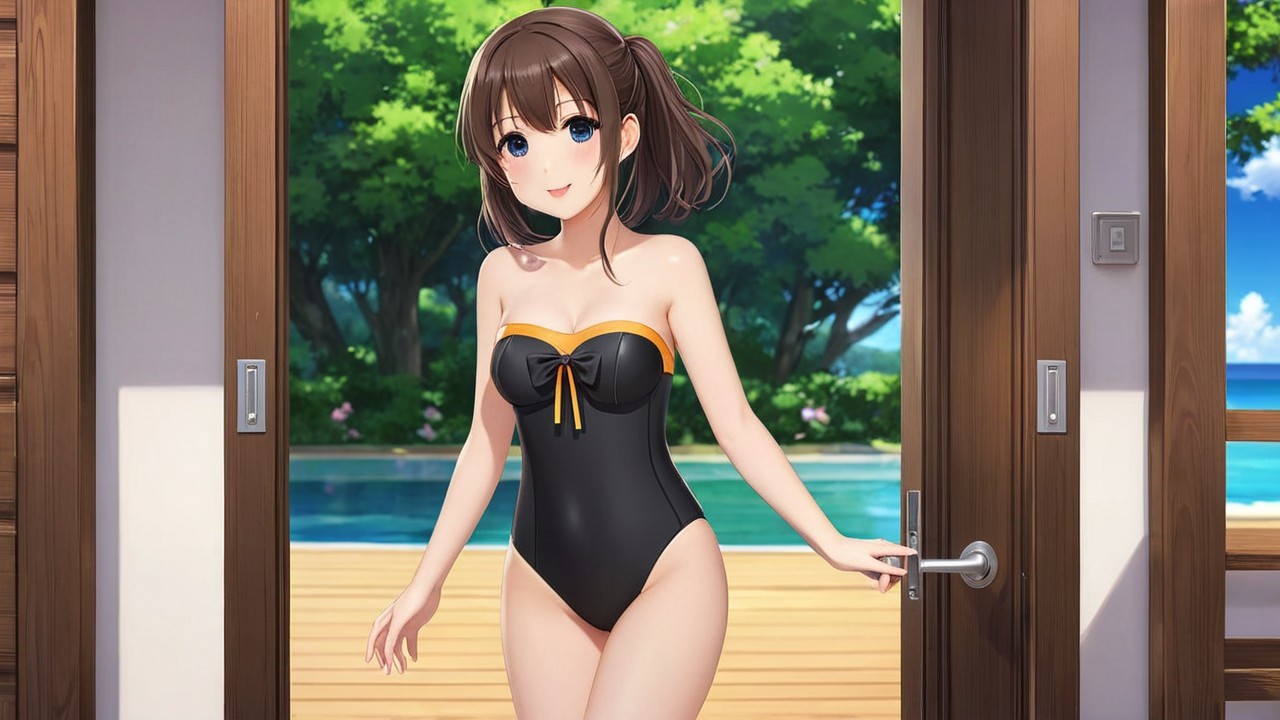 Cheerful Woman in Stylish Swimsuit by Outdoor Pool