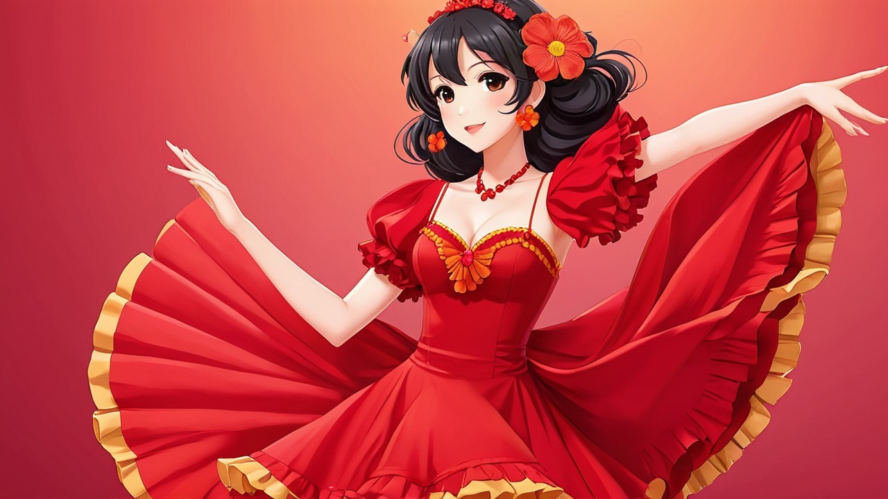 Animated Character in Red Dress with Festive Background