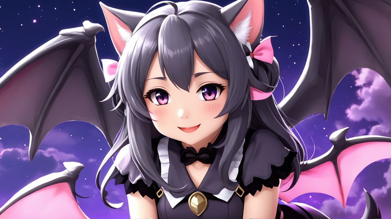 Anime-style girl with bat wings in starry night sky