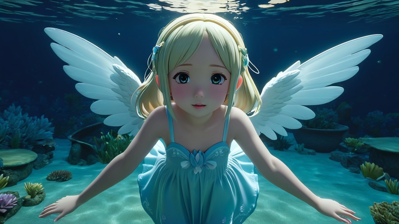 Whimsical Underwater Scene with Girl and Marine Life