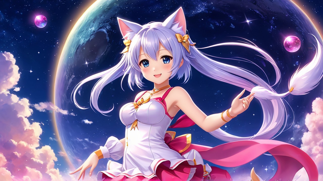Cheerful anime character with silver hair in cosmic scene
