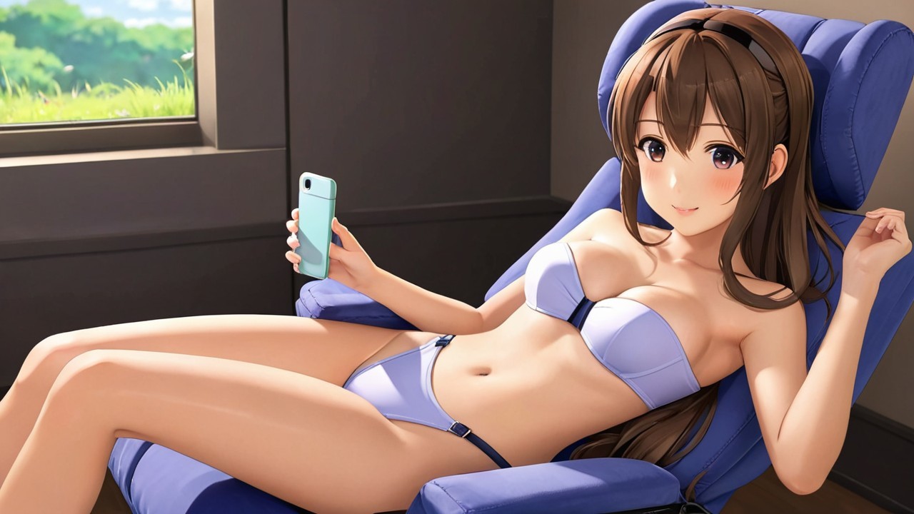 Young Woman in Blue Chair with Smartphone in Sunlit Room