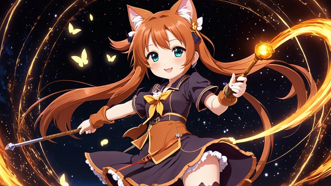 Vibrant anime character with fox ears and magical staff