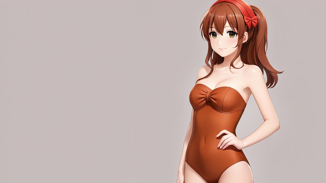 Stylized Anime Character in Brown Swimsuit and Bow