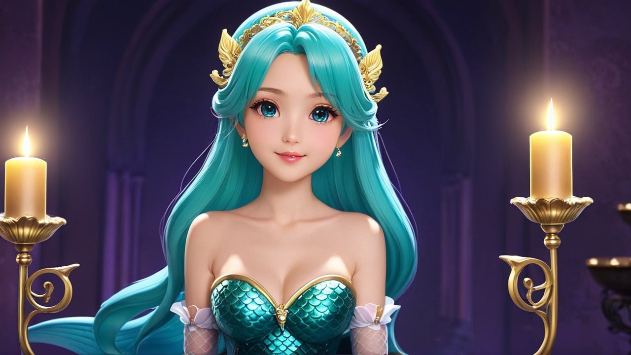Animated Character with Turquoise Hair and Crown