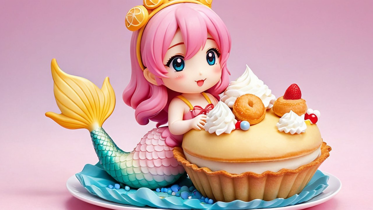 Mermaid with Pink Hair on a Creamy Dessert Tart
