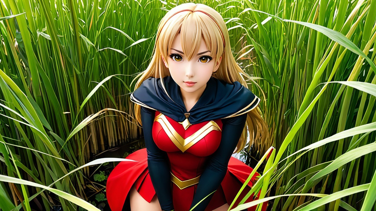 Fantasy Character in Lush Green Field with Red Dress