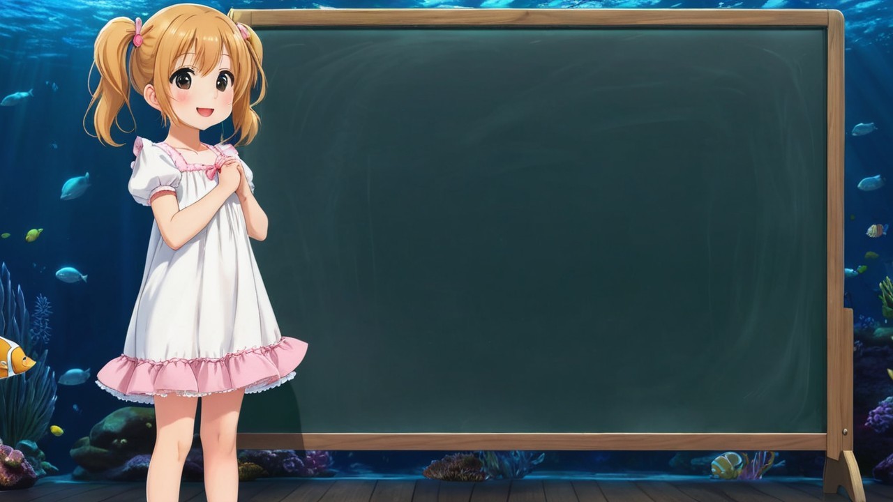 Cheerful girl in white dress beside green chalkboard