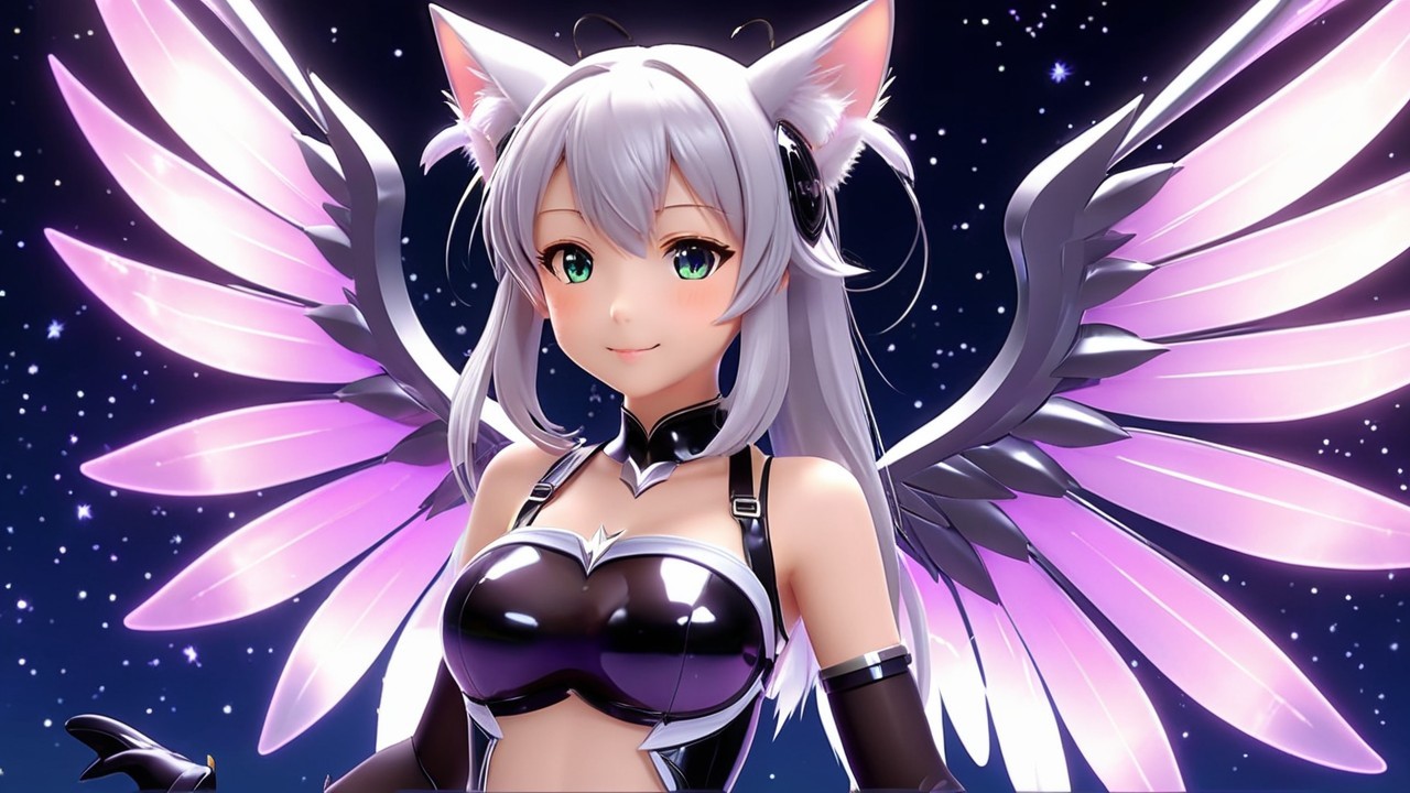 Stylized Character with Cat Features and Colorful Wings