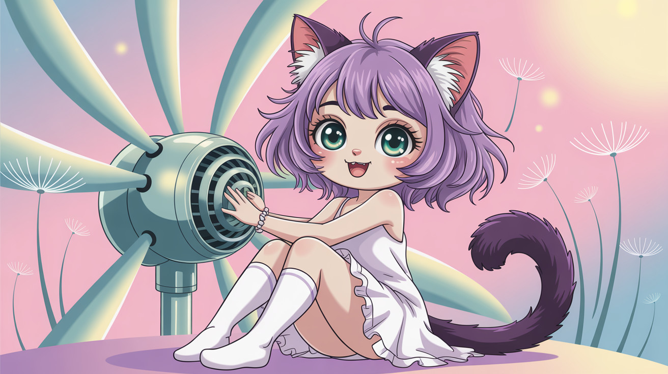 Chibi Catgirl with Purple Hair and Propeller Fan