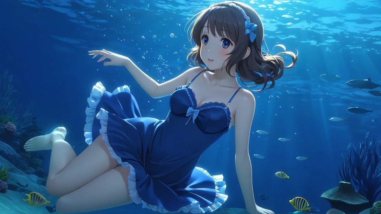 Young girl in blue swim dress floats underwater with fish