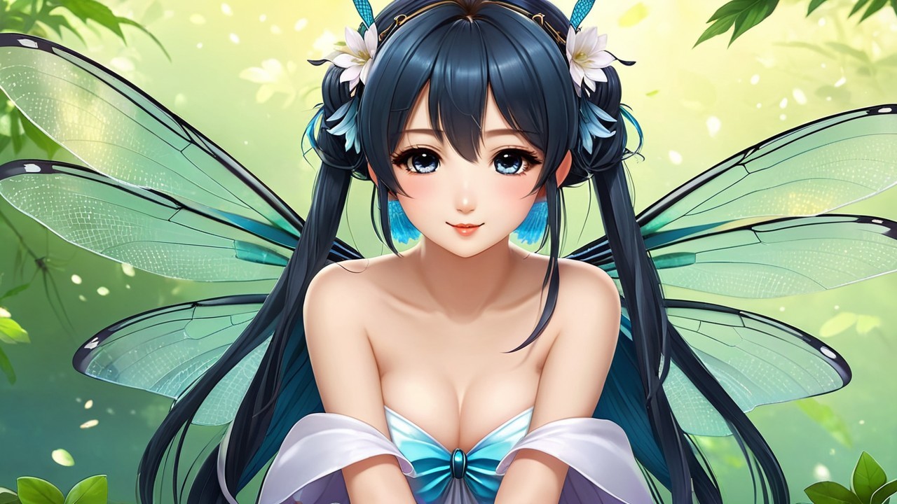 Mystical figure with butterfly wings in lush greenery