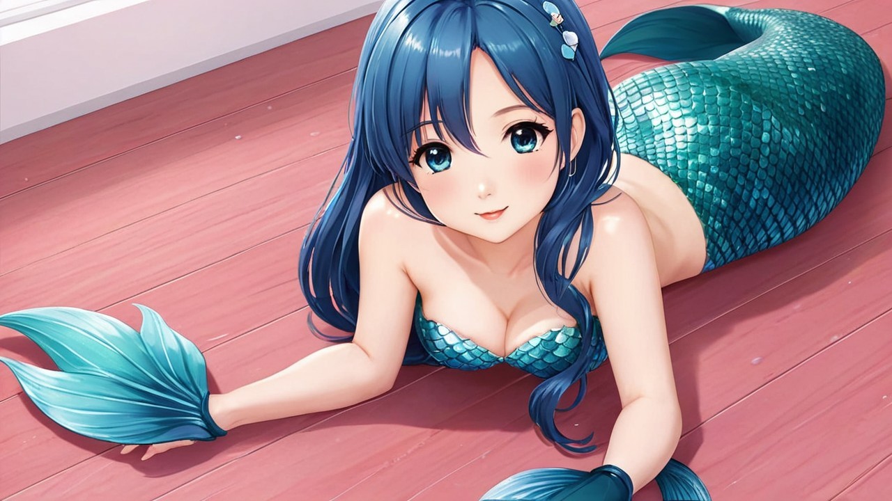 Animated mermaid with blue hair and teal tail