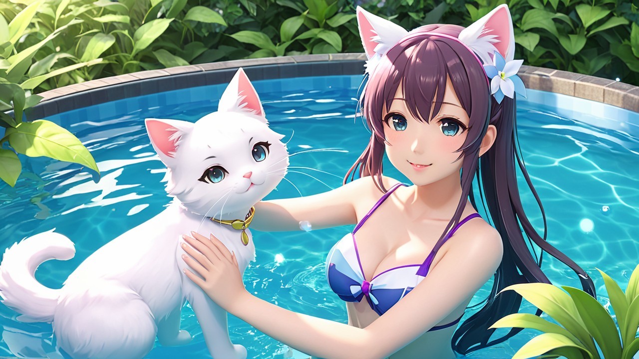 Young woman in bikini with cat by sparkling pool