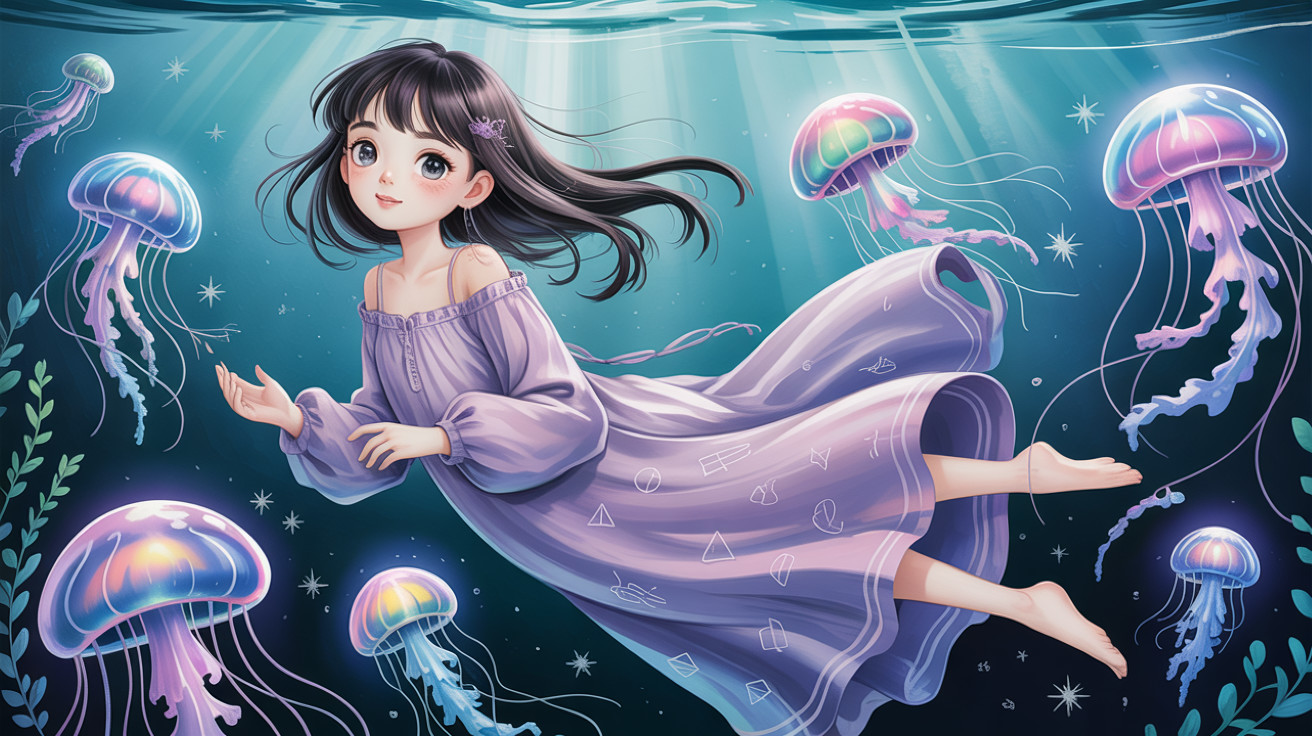 Anime illustration of girl in ocean with jellyfish