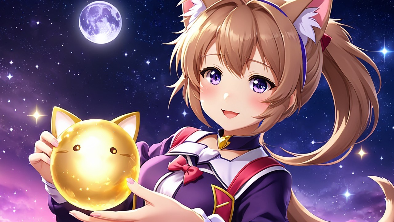 Cheerful character with cat ears and golden orb in night sky