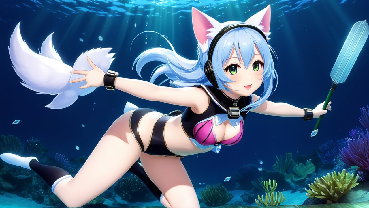 Animated character with blue hair swimming underwater