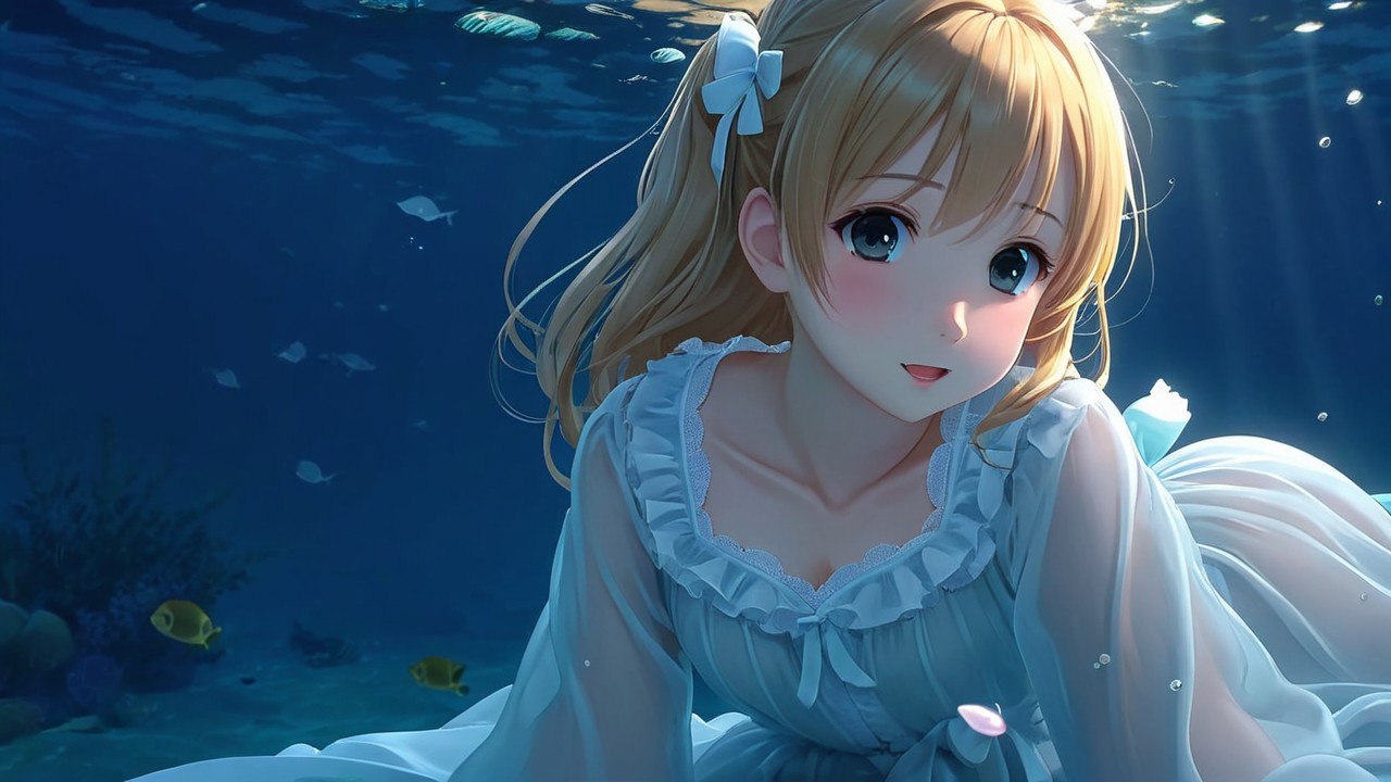 Underwater Scene with Woman in White Dress and Fish