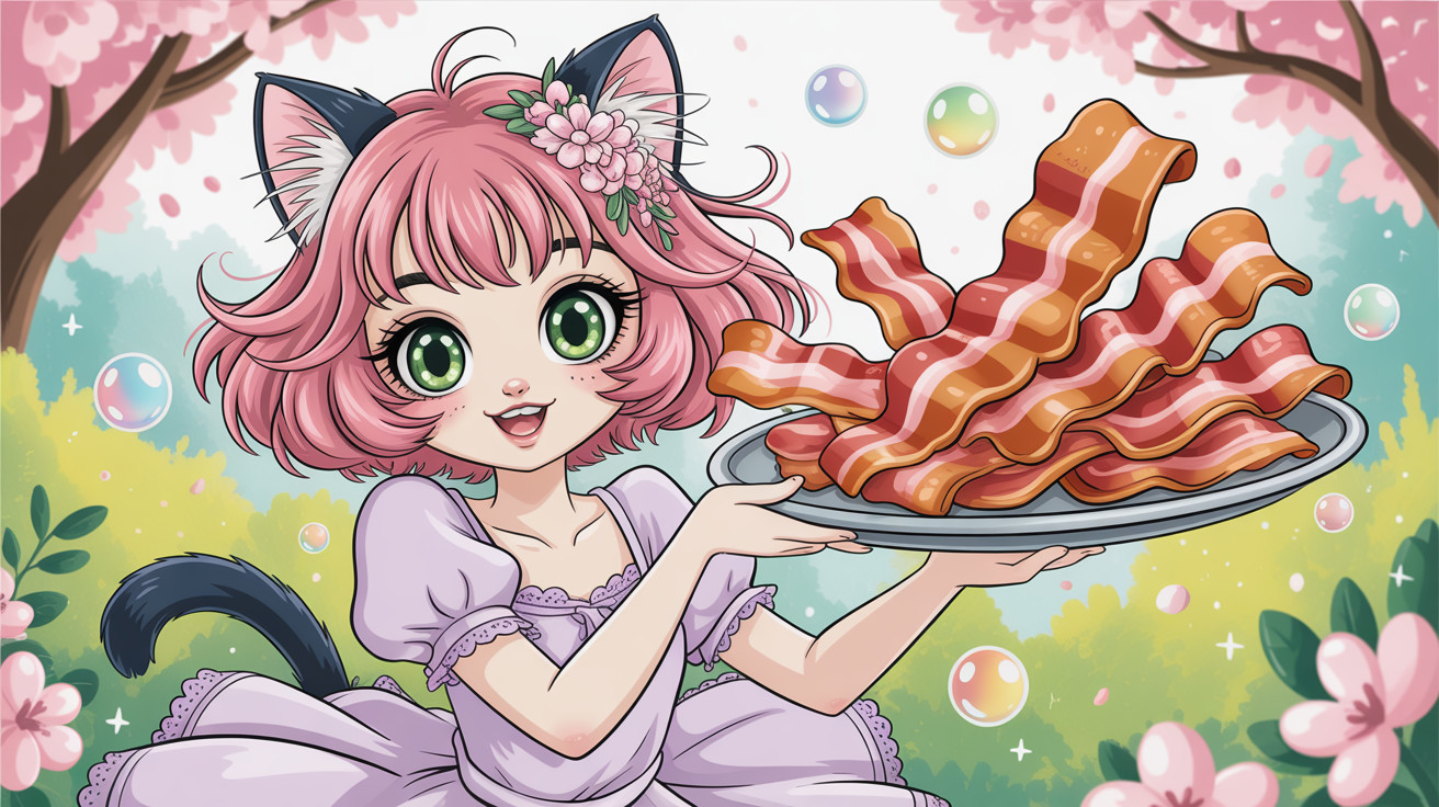 Anime Illustration of a Girl with Cat Ears and Bacon