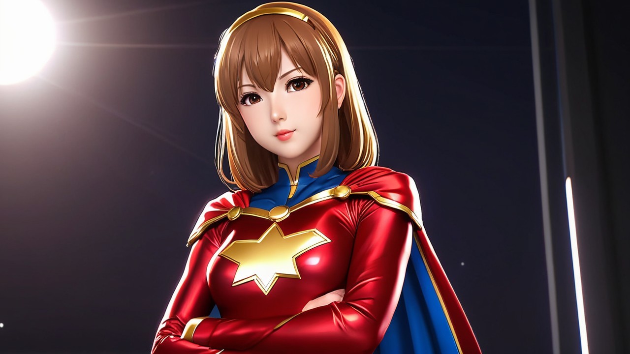 Confident Superheroine in Red and Gold Costume