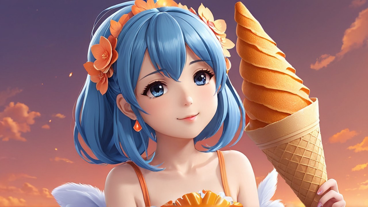Cheerful girl with blue hair and ice cream at sunset
