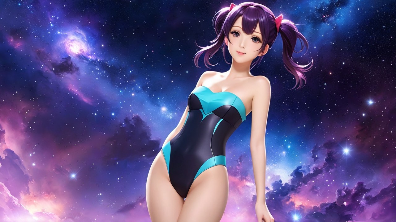 Character with Purple Hair in Cosmic Background