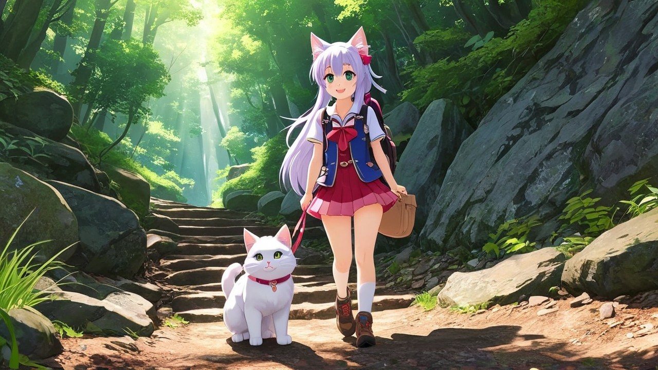 Cheerful anime girl with cat ears in a forest path