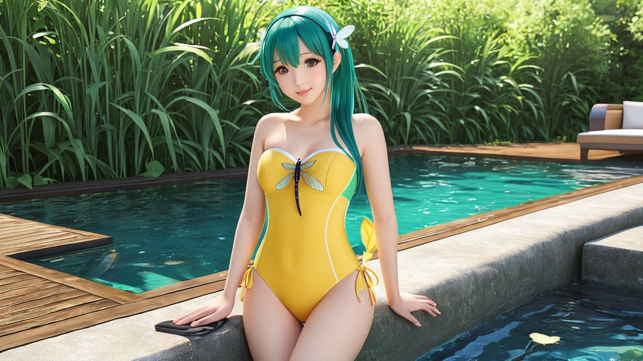Young Woman in Yellow Swimsuit by Serene Poolside