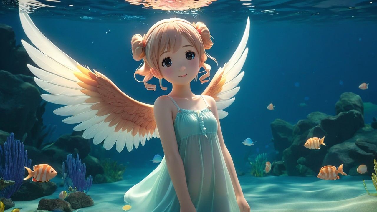 Young Girl with Angel Wings in Underwater Scene