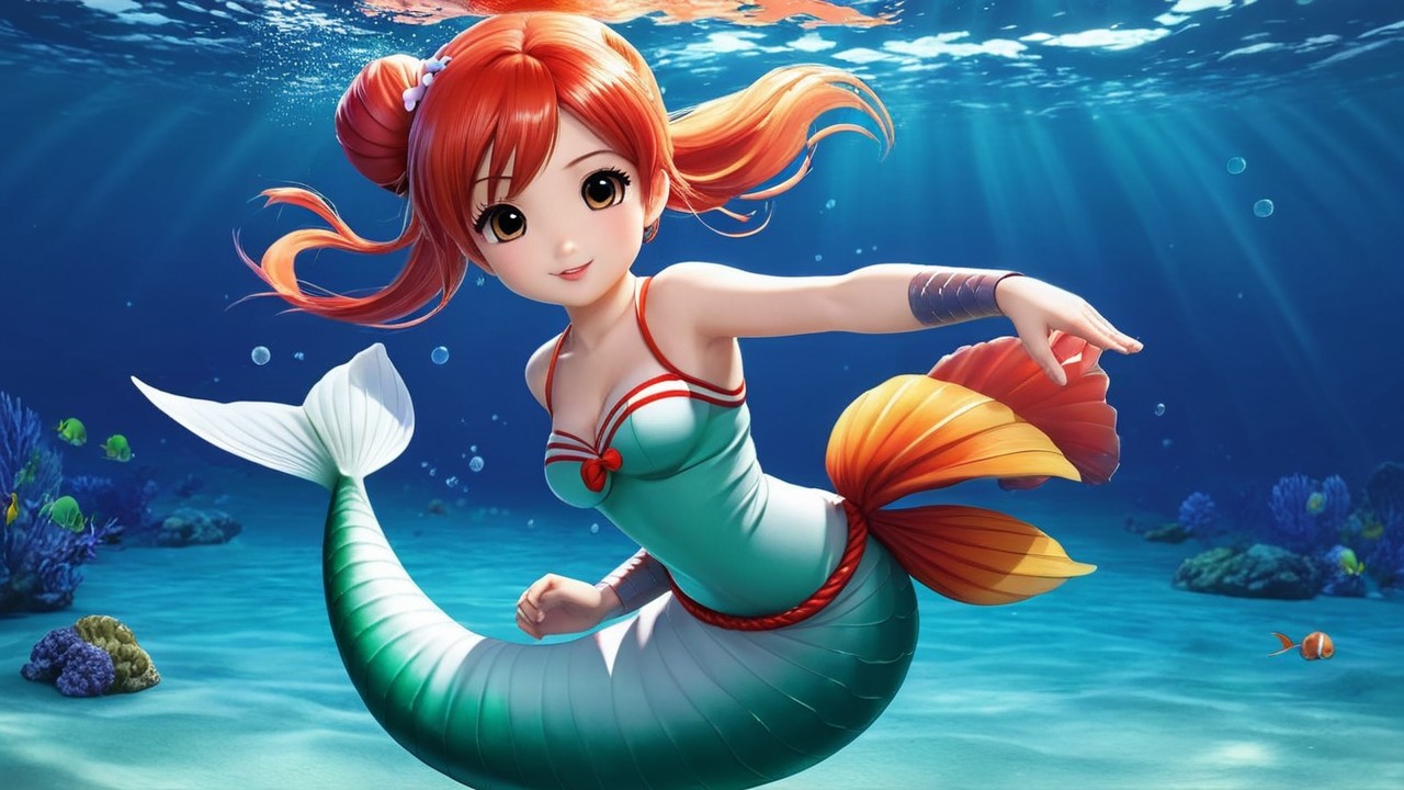 Vibrant Underwater Scene with Whimsical Mermaid