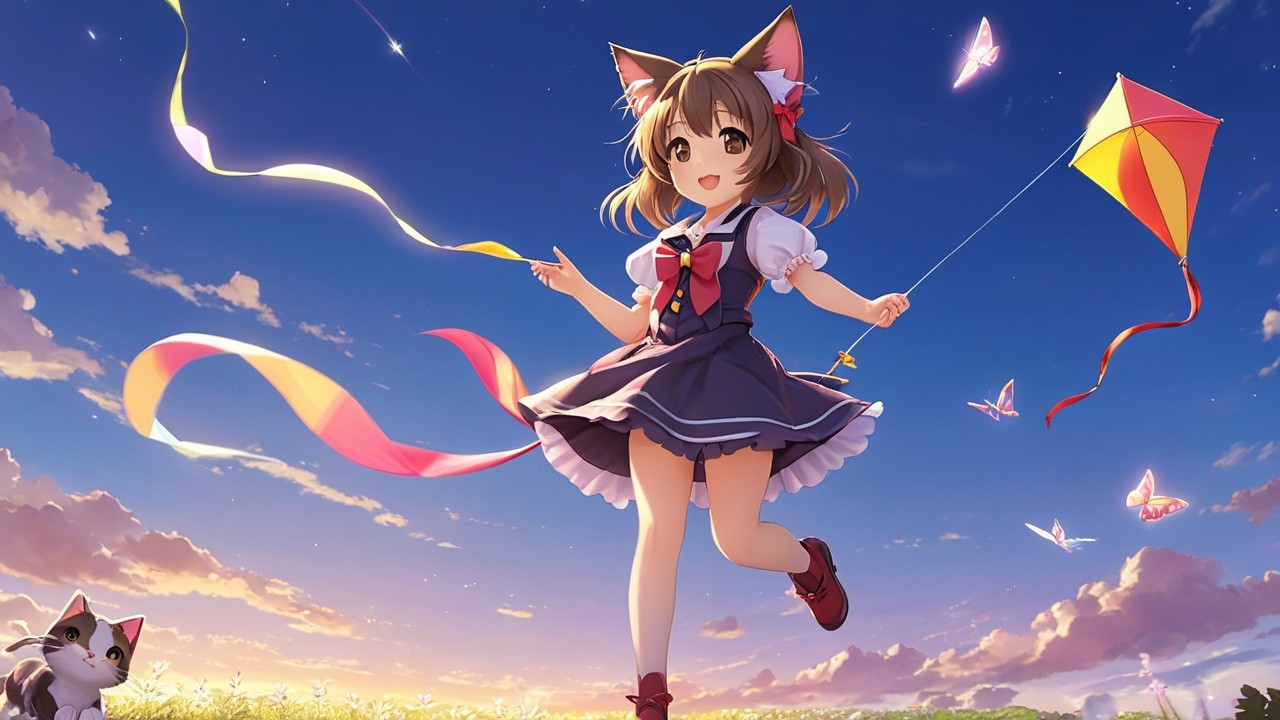 Cheerful girl with cat ears in a vibrant sunset field