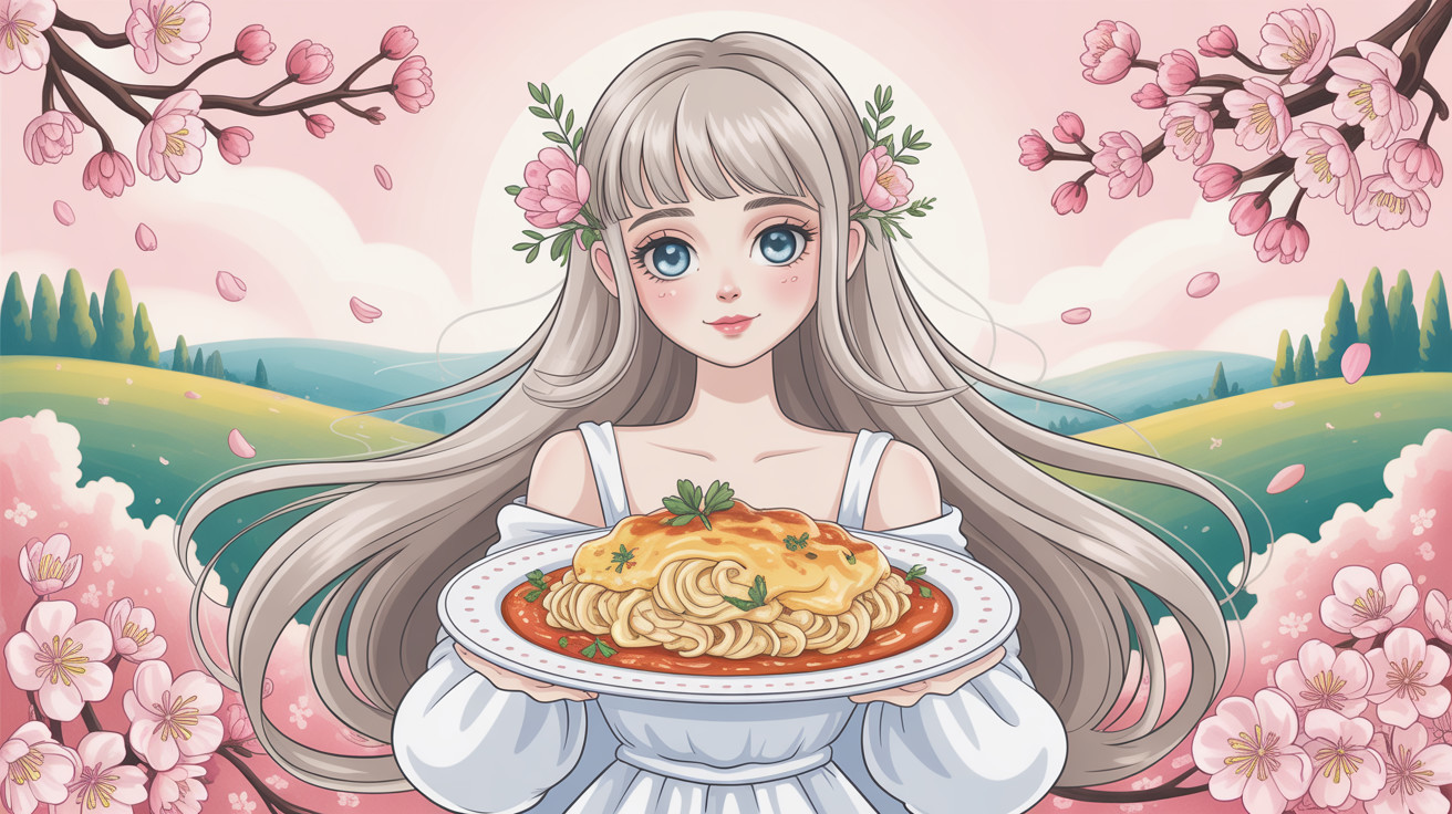Anime Illustration of Woman with Spaghetti in Nature
