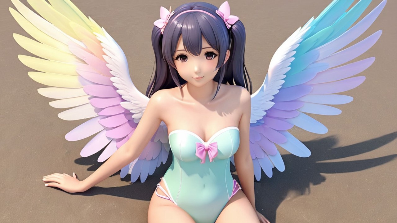 Stylized character with pastel hair and vibrant wings