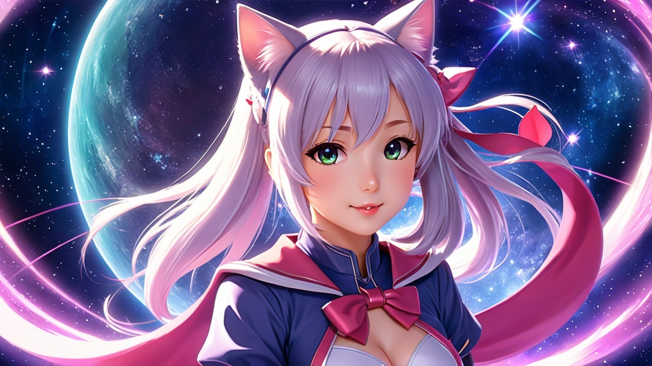 Anime character with light purple hair and cat ears